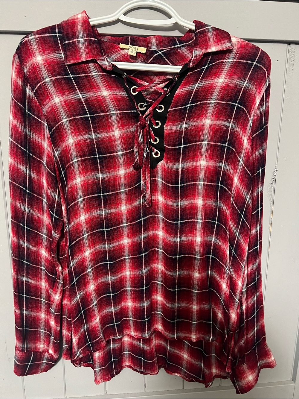 Kori Red and Black Lace-Up Plaid Blouse